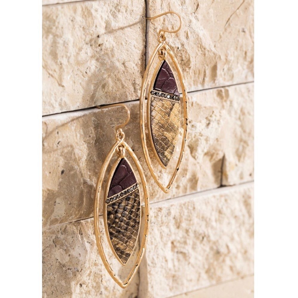 Snakeskin Gold Earrings Leather Stone Animal Print Jewelry Statement Burgundy